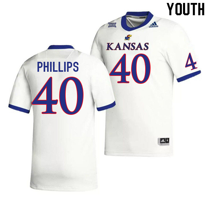 Youth #40 Devin Phillips Kansas Jayhawks College Football Jerseys Stitched Sale-White - Click Image to Close